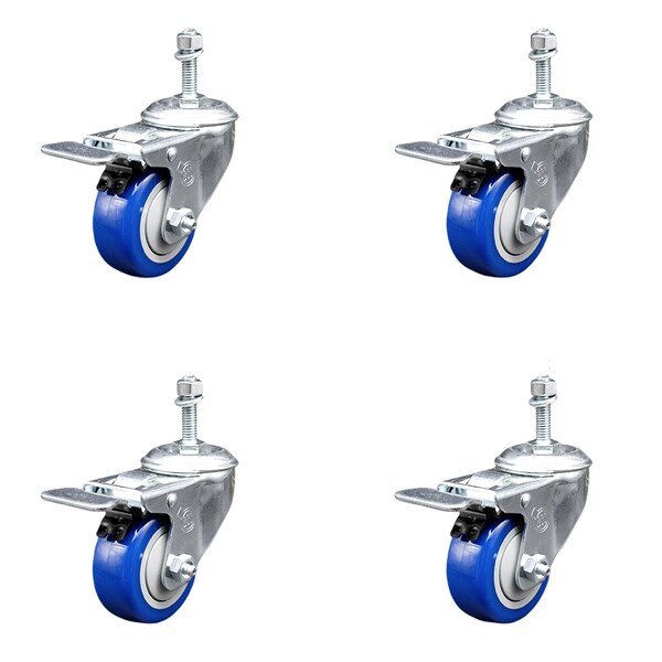 Service Caster 3.5 Inch SS Blue Poly Swivel 3/8 Inch Threaded Stem Caster Set Total Lock Brake SCC-SSTSTTL20S3514-PPUB-BLU-381615-4 - main